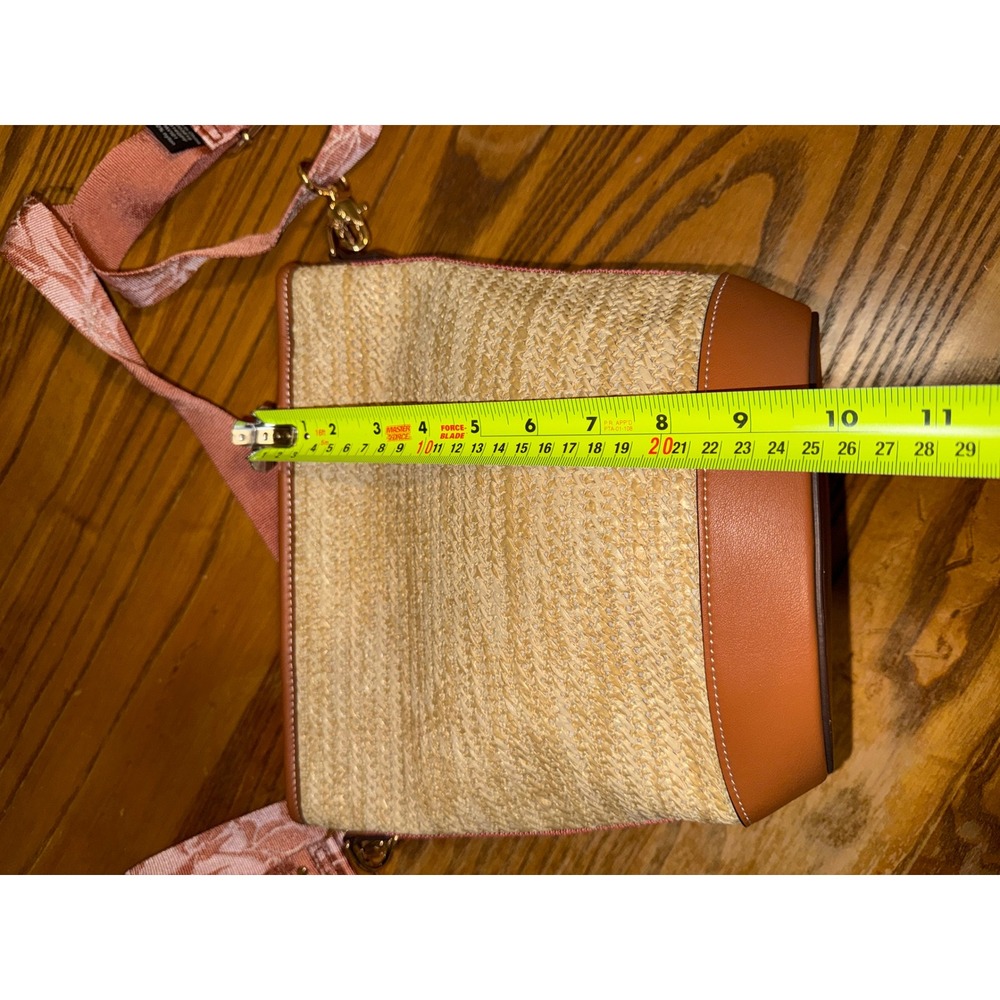 Stella & Dot Woven Straw Bucket Bag Brown Leather Trim Floral Crossbody Strap - Picture 9 of 13